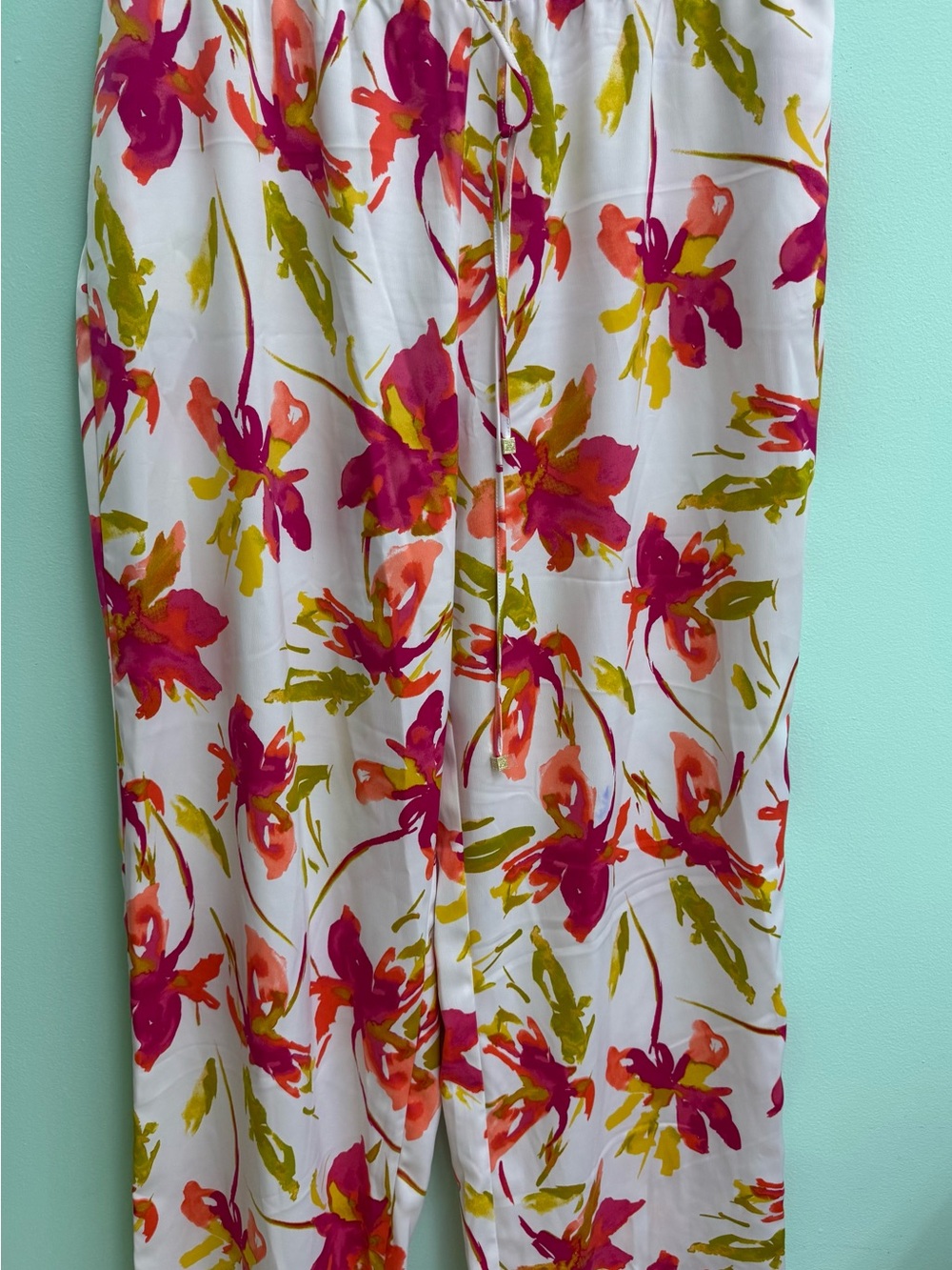 Anne Klein Floral Wide-Leg Pants with Drawstring Pink, Coral & Olive XL